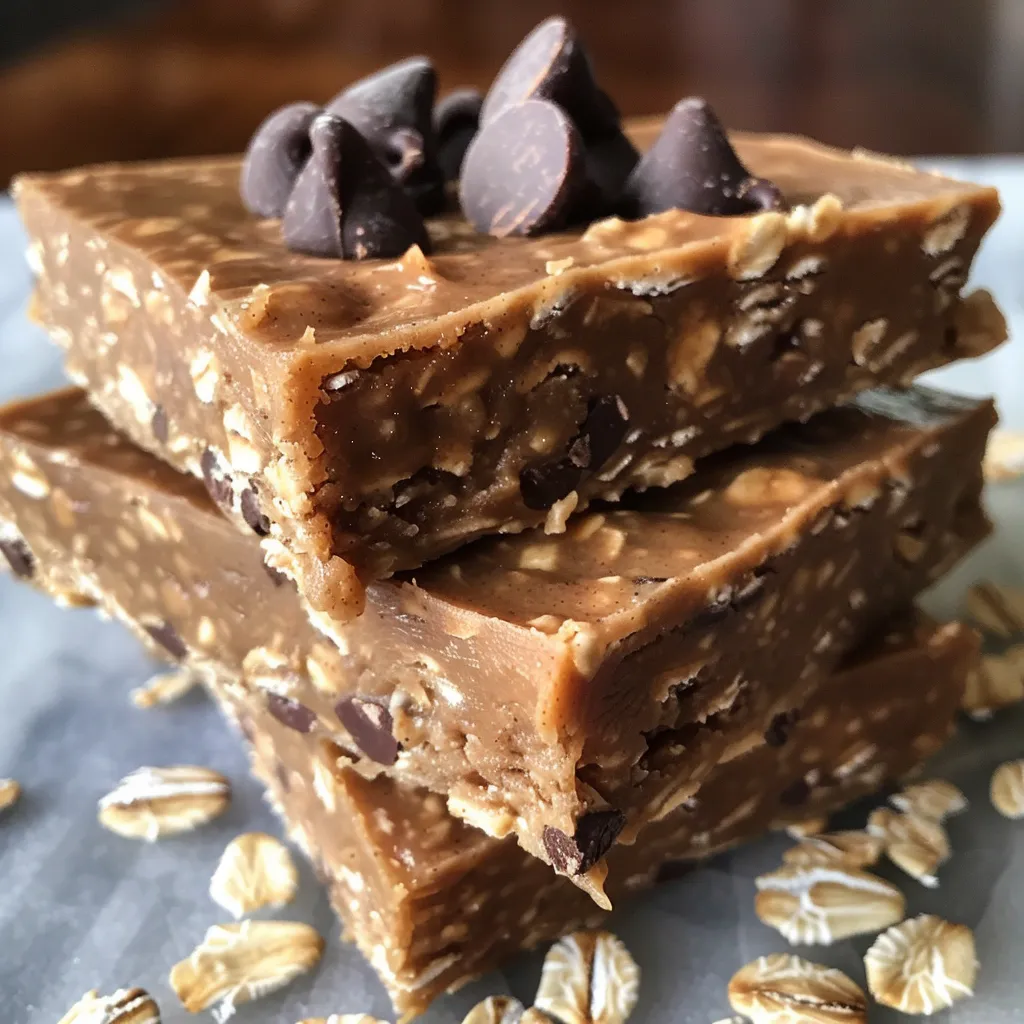 A tempting view of homemade protein bars topped with dark chocolate and scattered chocolate chips.