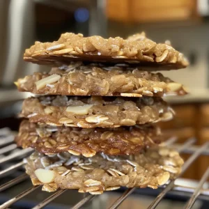 Delicious oatmeal lace cookies arranged on a plate, highlighting their crispy edges and chocolate topping.