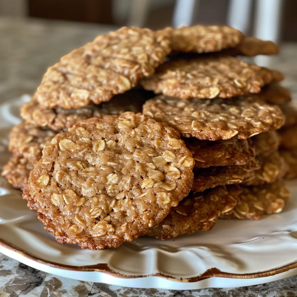 A stack of oatmeal lace cookies with visible layers and chunks of melted chocolate, against a blurred background.