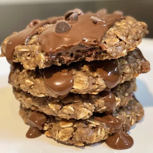A detailed shot of freshly baked oatmeal protein cookies, showcasing the rolled oats and chocolate chips.