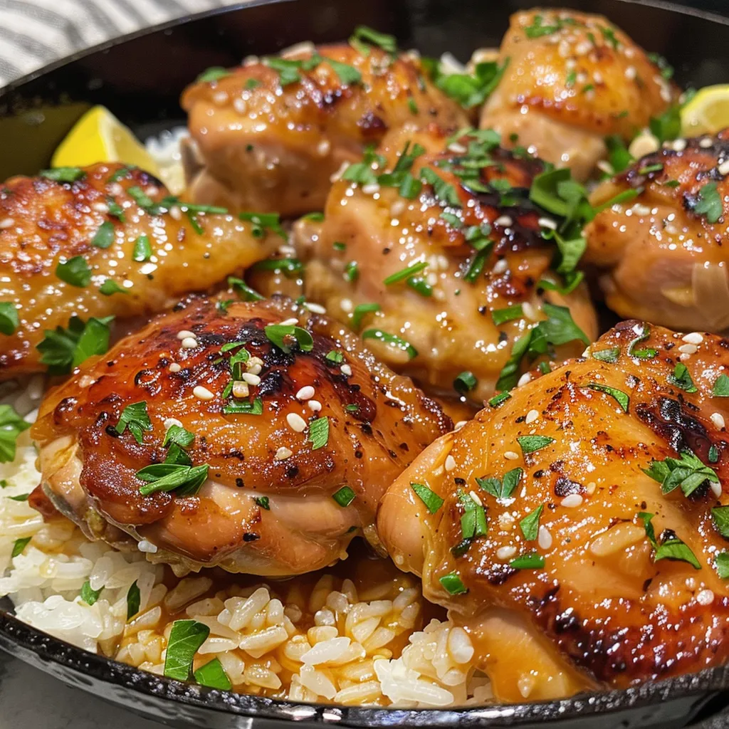 Delicious one-pan meal featuring chicken thighs, rice, and garlic in a honey sauce.