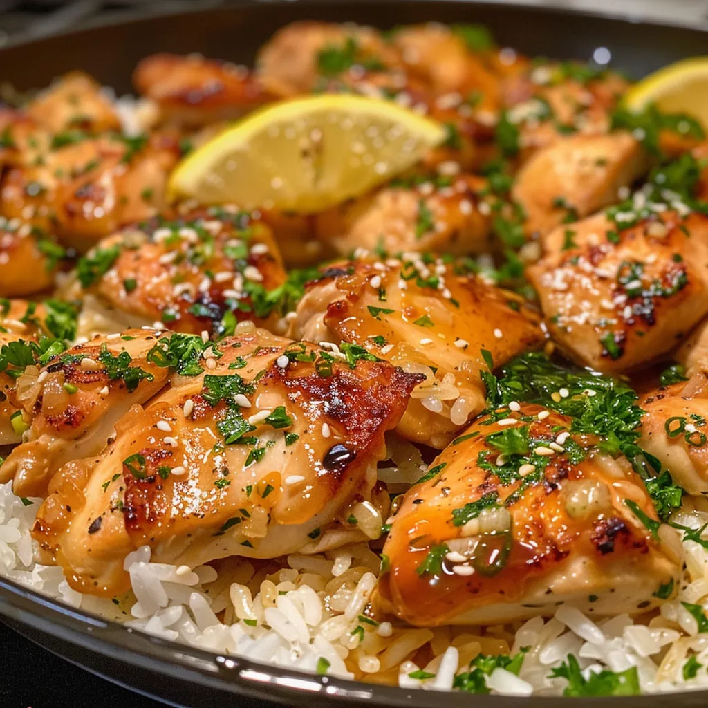 Savory one-pan chicken and rice dish, showcasing tender chicken and a rich sauce.