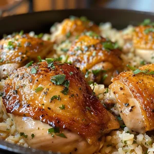 Side view of a bowl filled with One-Pot Garlic Butter Chicken and Rice, showcasing golden chicken and rice texture.