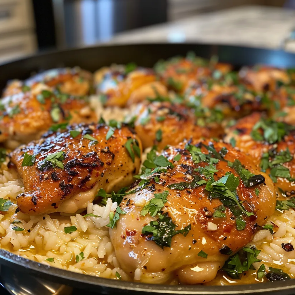 A delicious serving of Garlic Butter Chicken and Rice with a buttery glaze and fresh herbs.