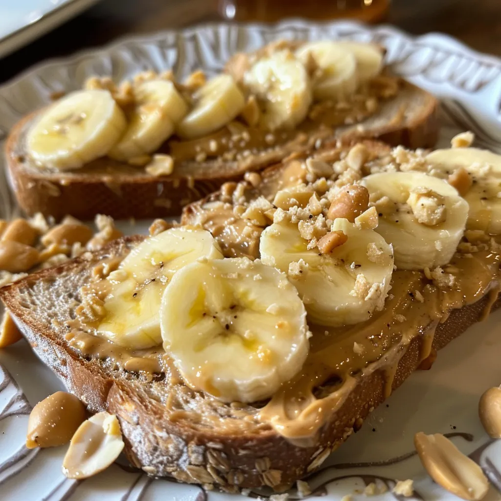 A beautifully arranged peanut butter banana toast with honey drizzled on top.