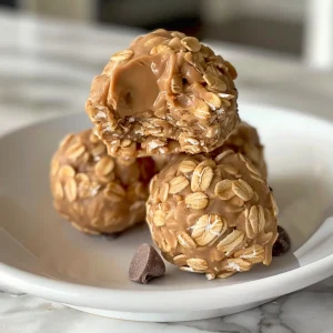 Juicy peanut butter oat bites featuring a sprinkle of mini chocolate chips.