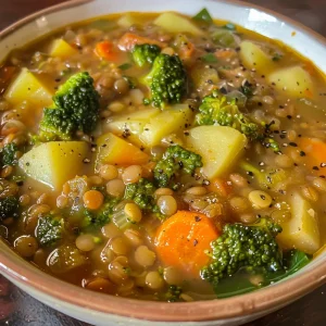 Juicy, nutritious plant-based lentil soup featuring diced potatoes, carrots, and broccoli.