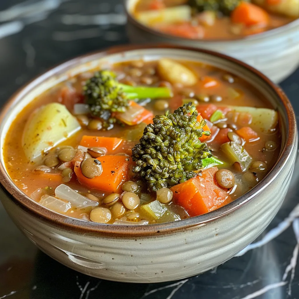 Colorful lentil soup in a bowl, highlighting fresh ingredients like carrots and broccoli.