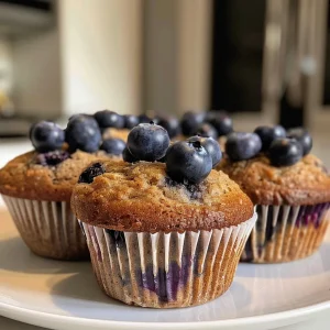 Juicy Protein Blueberry Muffin with a soft texture, highlighted by fresh blueberries.