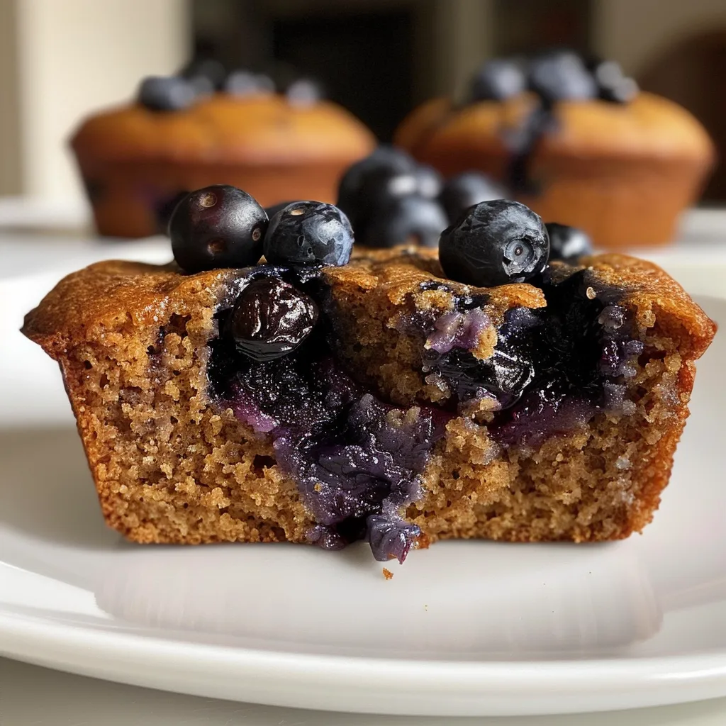Delicious Protein Blueberry Muffins piled on a plate, featuring a rich, baked surface.