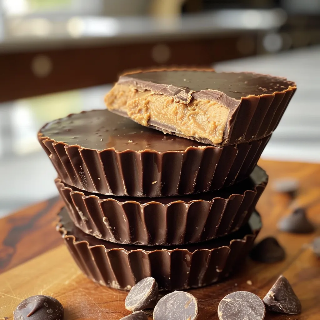 Detailed image of Protein Copycat Reese's Cups with visible layers of chocolate and peanut butter inside.
