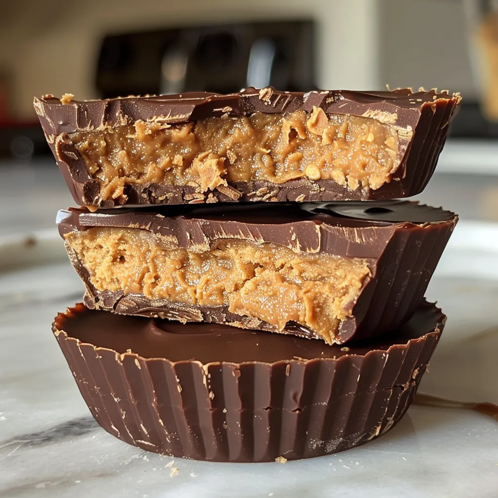 Perspective shot of Protein Copycat Reese's Cups, emphasizing the indulgent look of the dessert.