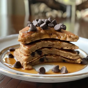 Juicy protein pancakes stacked high, featuring melty chocolate chip toppings.