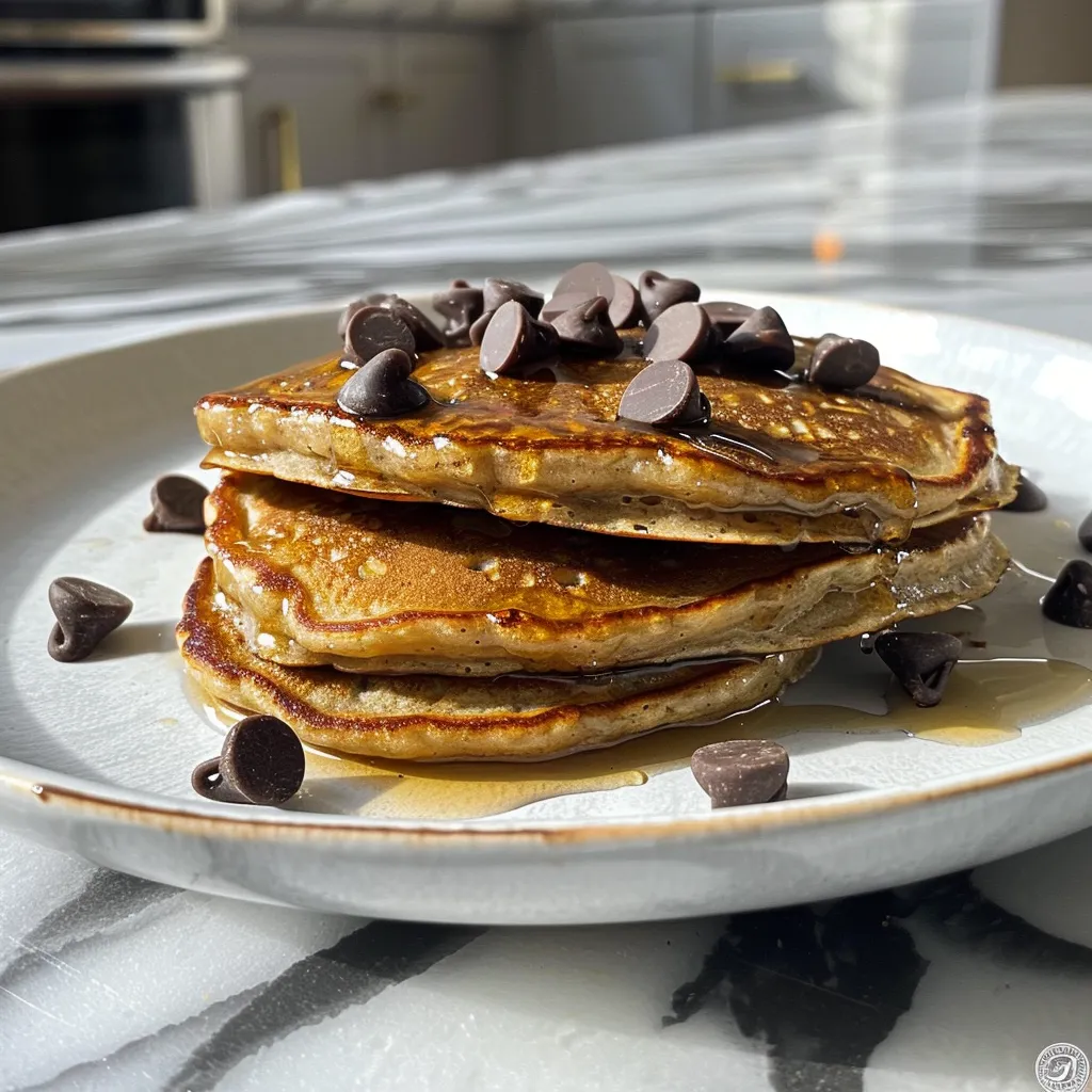 Tasty chocolate chip protein pancakes served on a plate, ready to eat.