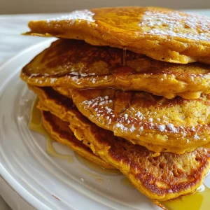 Juicy pumpkin pancakes with a soft texture, adorned with a light maple syrup glaze.