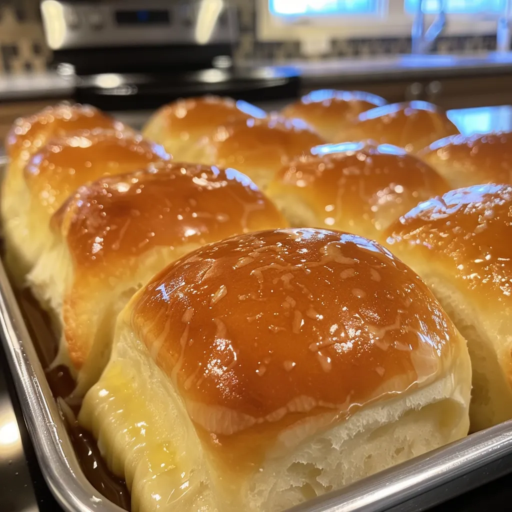 Fluffy dinner rolls with a shiny butter glaze, ready to be served.