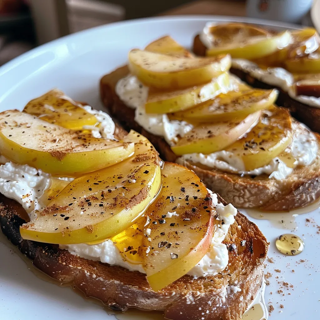 Appetizing ricotta toast garnished with sliced roasted apples and a drizzle of honey.