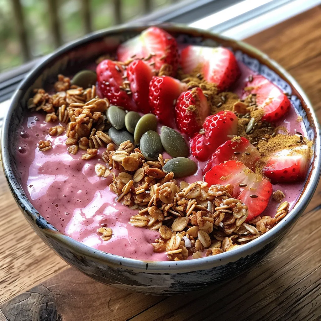 Detailed view of a smoothie bowl with Greek yogurt, fresh fruit, and a sprinkle of seeds and granola.