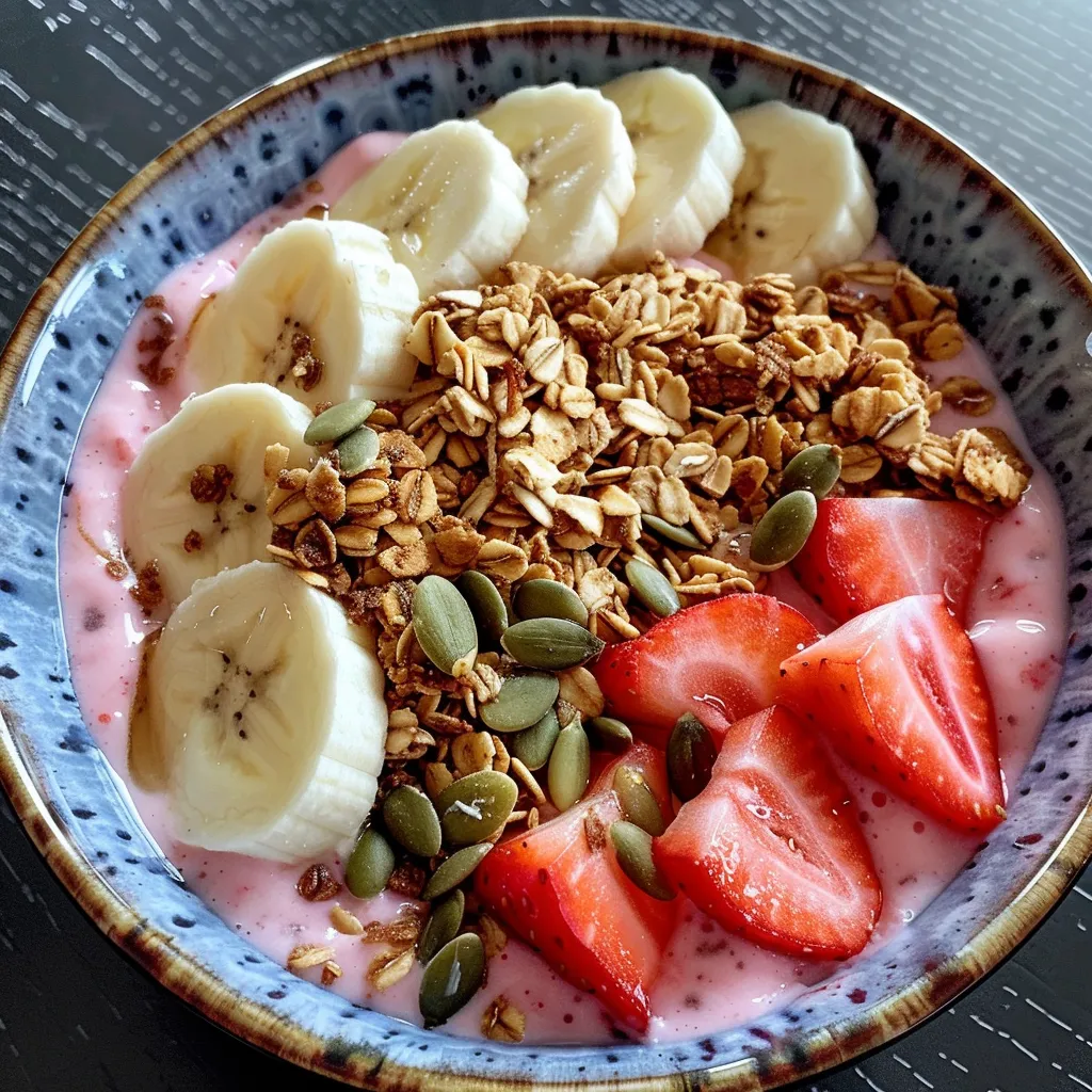 A beautifully arranged smoothie bowl with layers of fruit and a drizzle of honey.