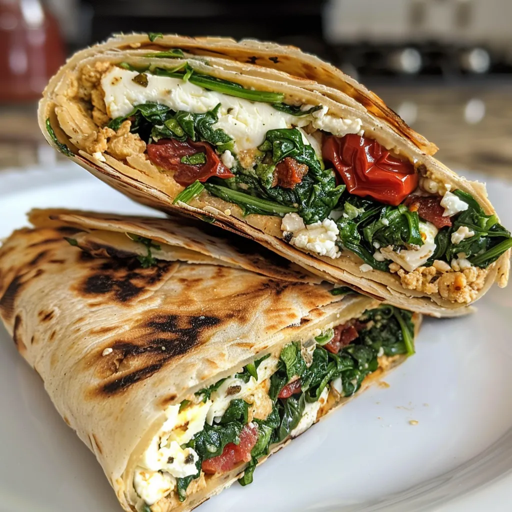 Delicious spinach feta wrap displayed with ingredients visible, emphasizing freshness.