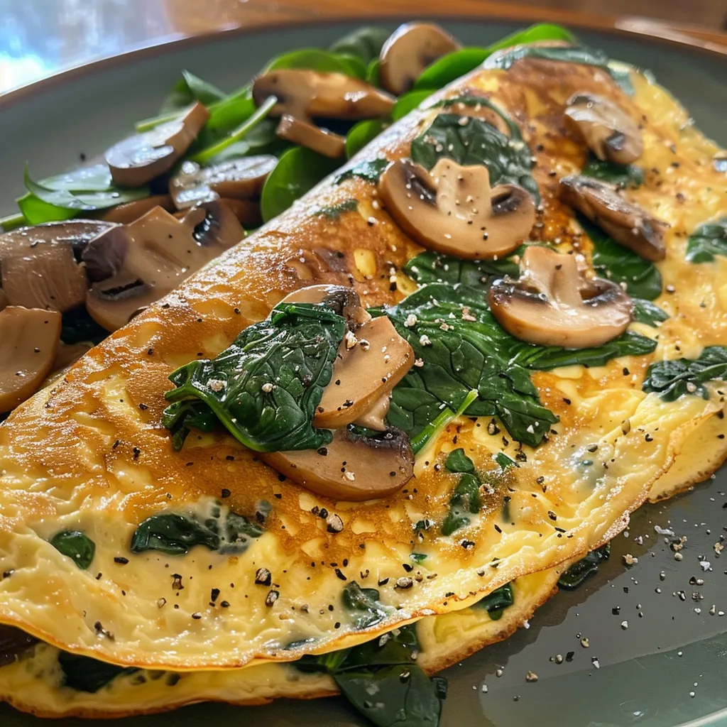 A deliciously fluffy omelette filled with spinach and mushrooms, captured in bright light.
