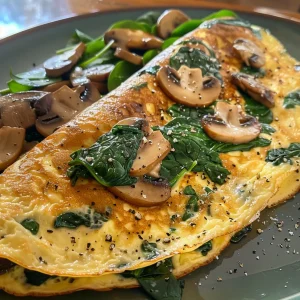 A juicy Spinach Mushroom Omelette filled with fresh greens and mushrooms, captured in detail.