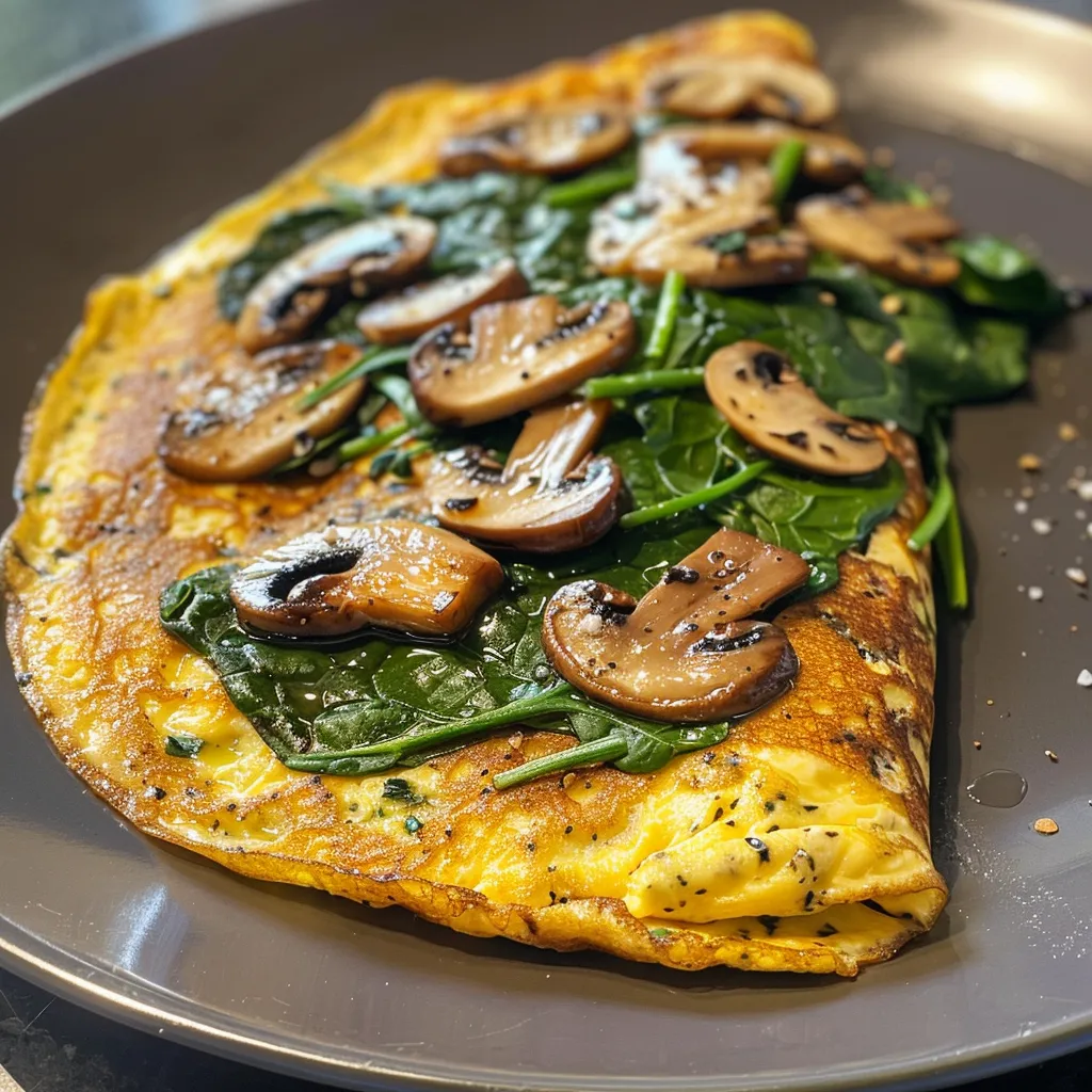 An appetizing side view of a spinach mushroom omelette, highlighting its rich ingredients.