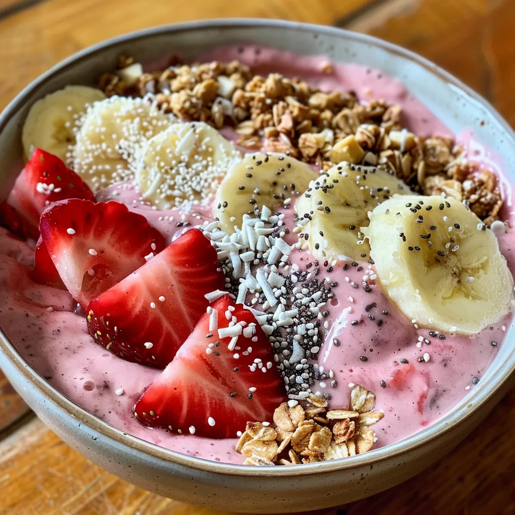 A healthy smoothie bowl filled with frozen strawberries and bananas, garnished with chia seeds and almond butter.