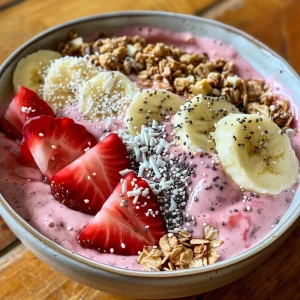 A side view of a colorful smoothie bowl featuring strawberries, bananas, and chia seeds.