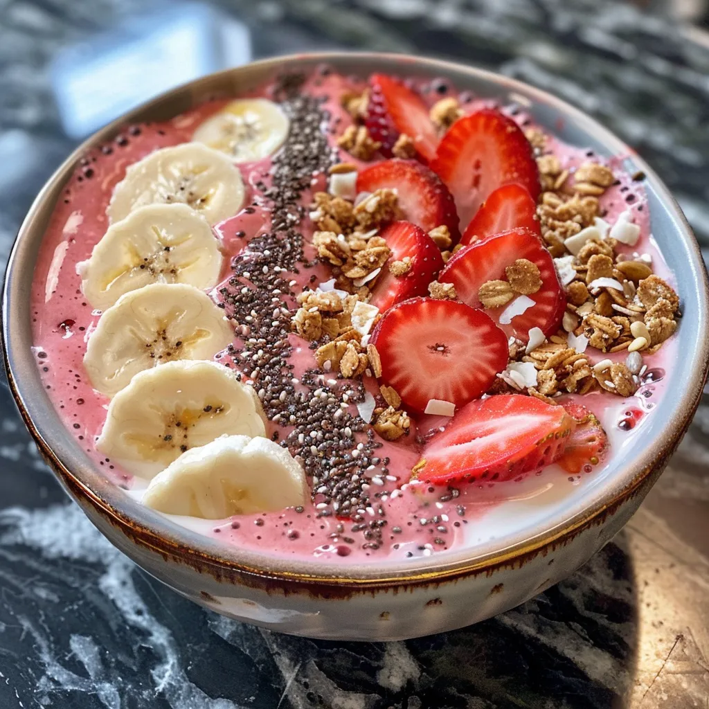 Delicious strawberry banana smoothie bowl from the side, showcasing its creamy texture and colorful toppings.