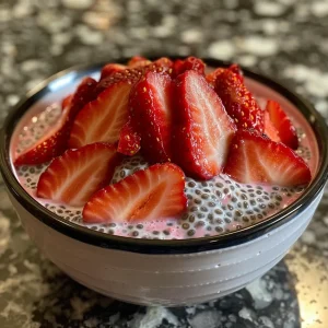 Juicy strawberry chia pudding in a clear glass, showcasing layers of strawberries and pudding.