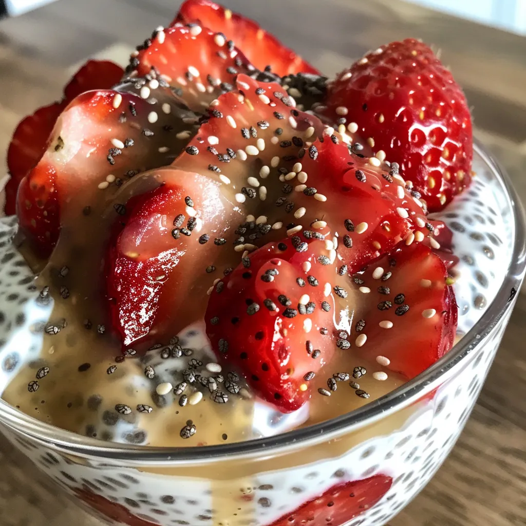 Colorful strawberry chia pudding garnished with sliced fresh strawberries and chia seeds.