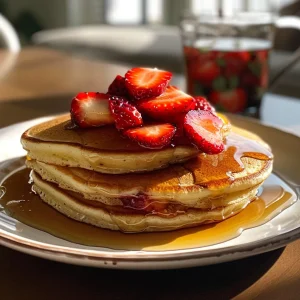 Juicy strawberry pancakes served on a plate, highlighting their fluffy texture.