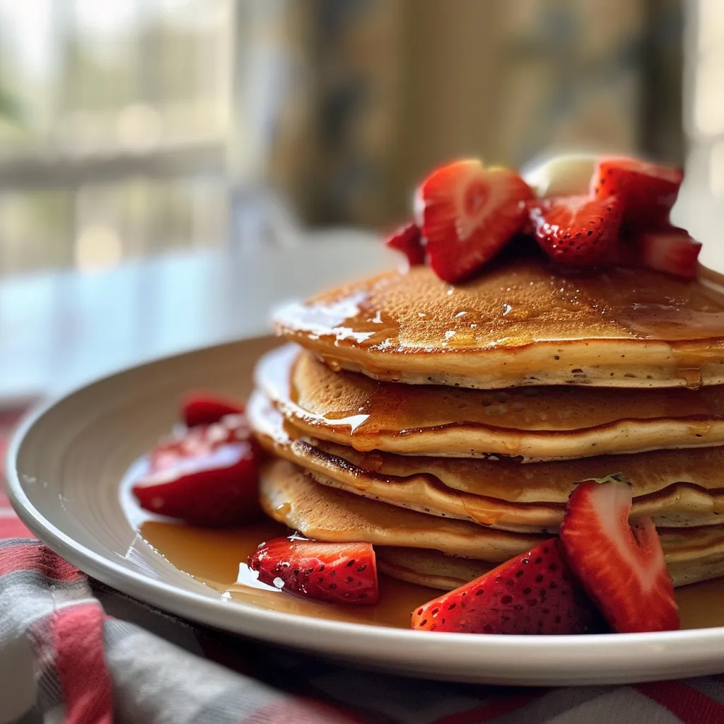 Delicious strawberry pancakes with a rich strawberry topping, viewed from the side.