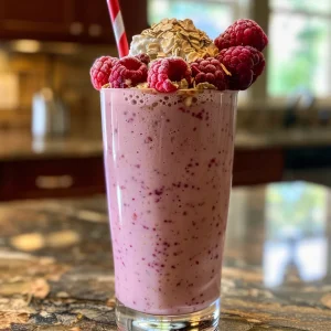 A delicious-looking oatmeal cheesecake smoothie in a glass, featuring a swirl of red fruit.