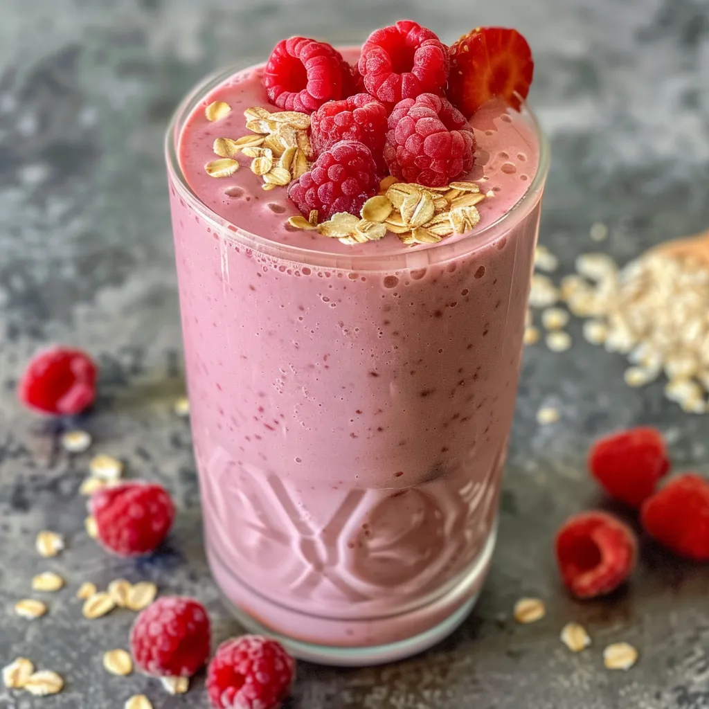 Refreshing strawberry-raspberry cheesecake smoothie presented in a clear glass with berries.