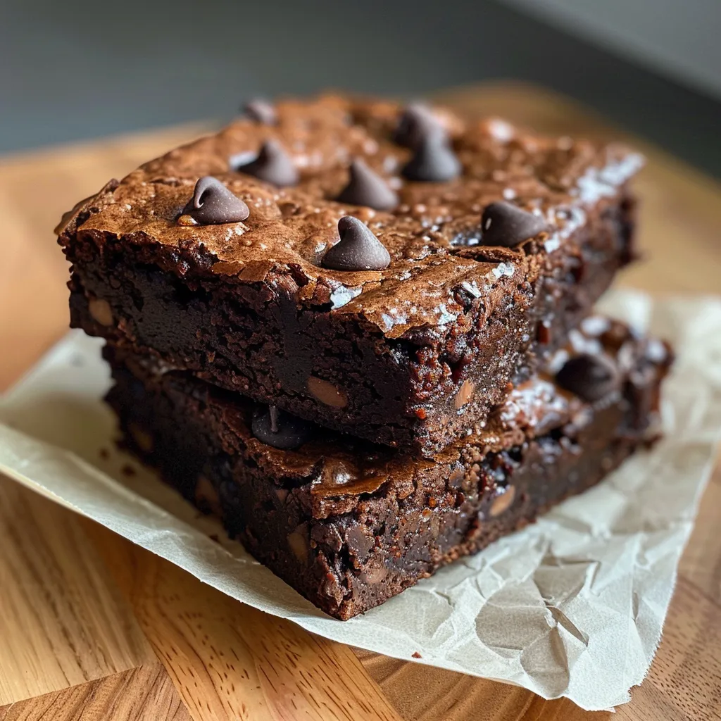 Juicy chocolate brownies cut into squares, viewed from the side, with dark chocolate chips visible.