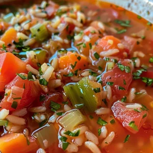 A thick, hearty tomato vegetable rice soup in a bowl, highlighting rice and vegetable ingredients.