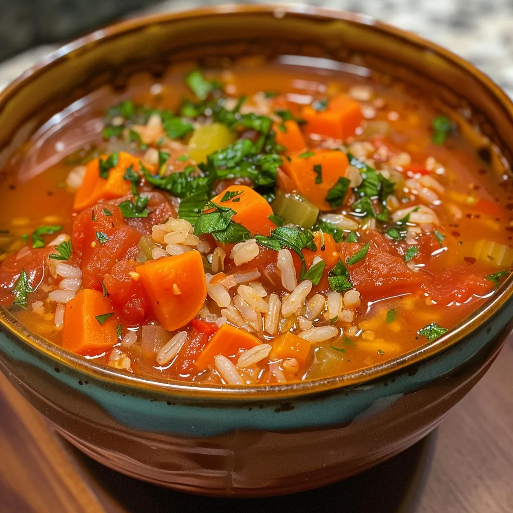Freshly made tomato vegetable rice soup in a bowl, showcasing its rich color and texture.