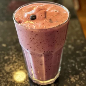 Side angle of a creamy berry smoothie with visible fruit and oat textures.