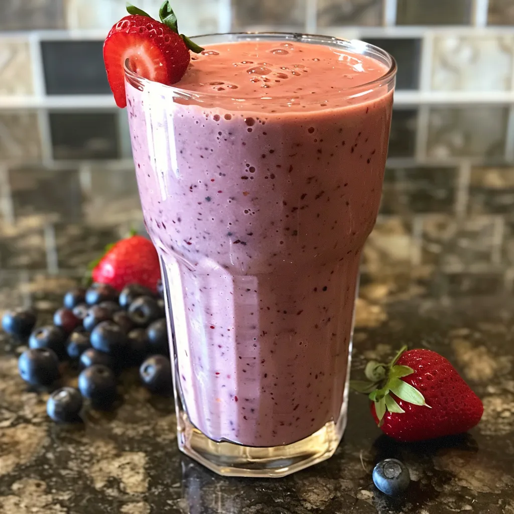 Juicy Triple Berry Oat Tropical Smoothie in a glass, showcasing rich colors and ingredients.
