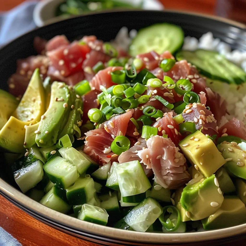 A detailed look at a Tuna Rice Bowl, highlighting its colorful ingredients and textures.