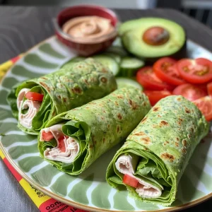 Juicy turkey avocado club wrap cut in half, displaying layers of filling.
