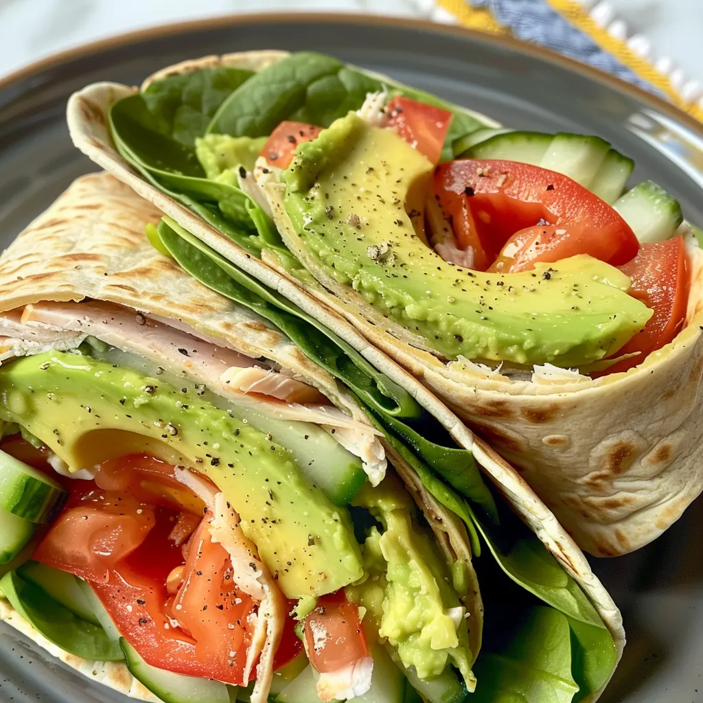 Freshly made turkey avocado club wrap with spinach, tomato, and cucumber.