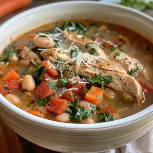A colorful bowl of Tuscan Chicken Soup filled with spinach, tomatoes, and beans.