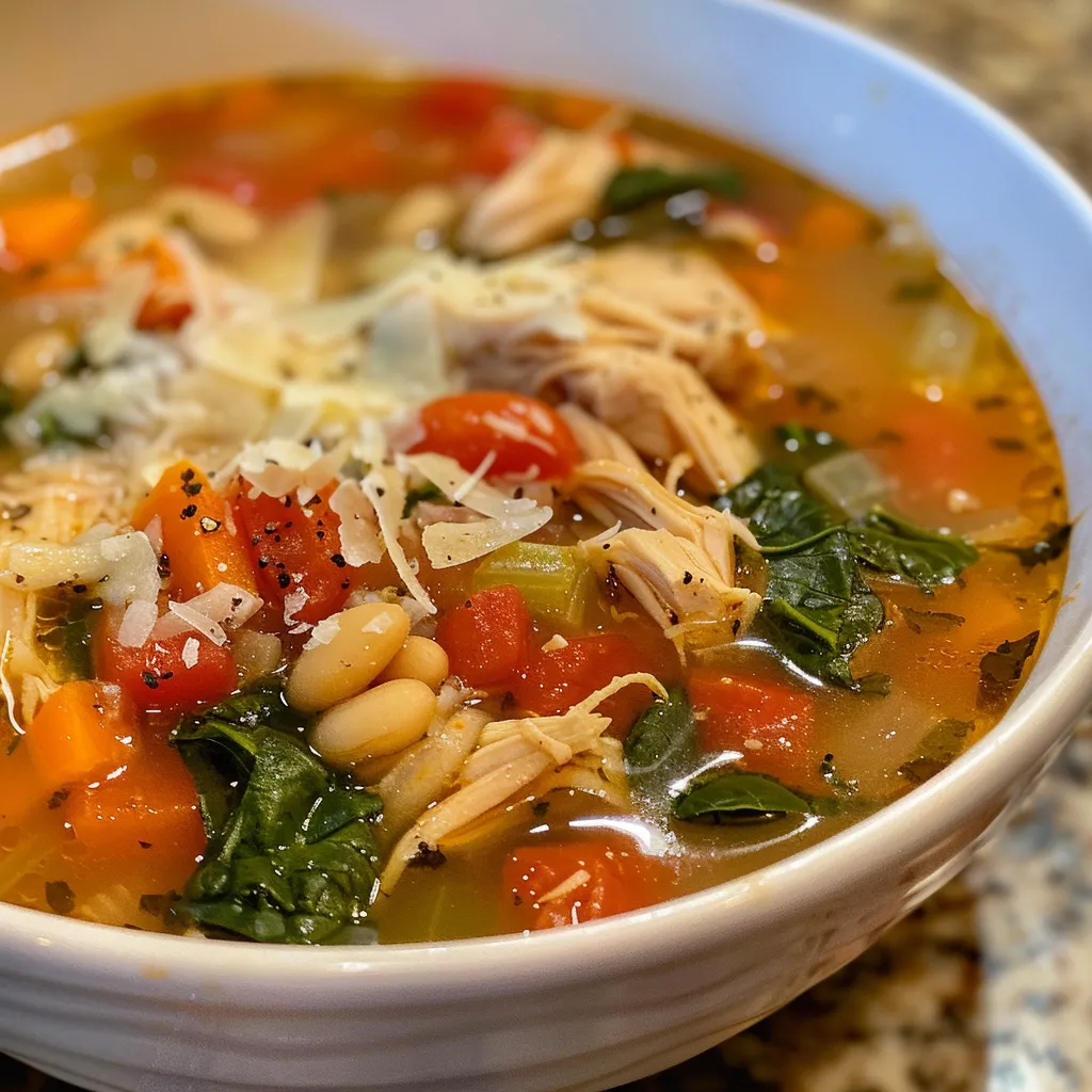Juicy Tuscan Chicken Soup in a rustic bowl, showcasing fresh ingredients and spices.