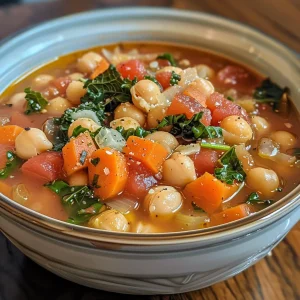 Detailed photograph of creamy chickpea soup with carrots and celery in a rustic bowl.
