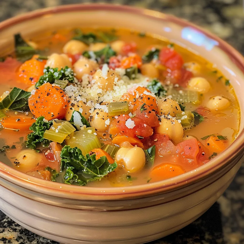 Rich Tuscan chickpea soup displayed with a sprinkle of fresh herbs and a slice of bread.