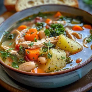 Juicy Tuscan Style Chicken Soup in a bowl, garnished with fresh parsley and thyme, served with toasted bread.