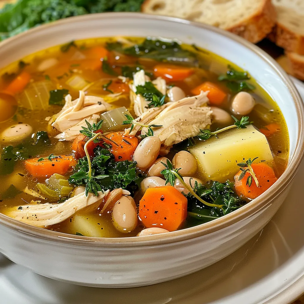 Detailed look at a steaming bowl of Tuscan Style Chicken Soup featuring vibrant vegetables and tender chicken.